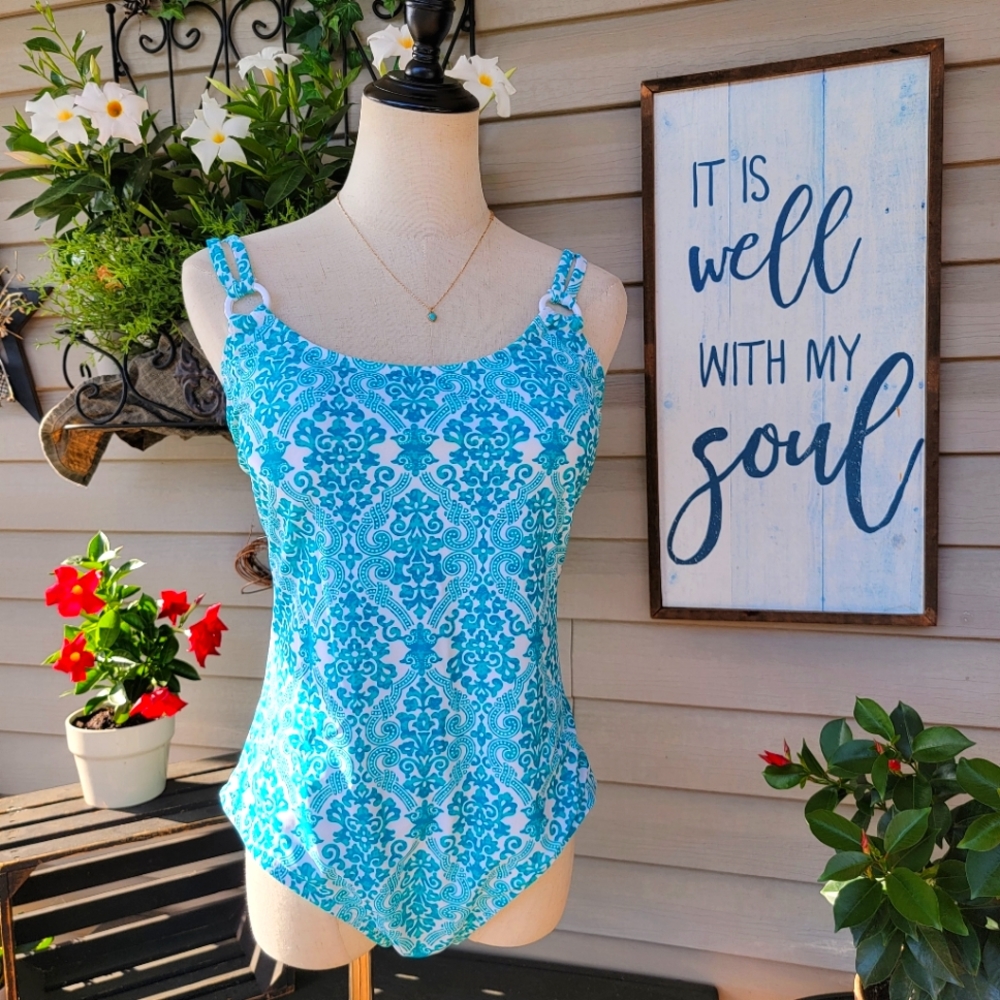 CATALINA ♡ Gorgeous 1pc Aqua Blue 'n White Padded Bralette Swimsuit L (12-14)